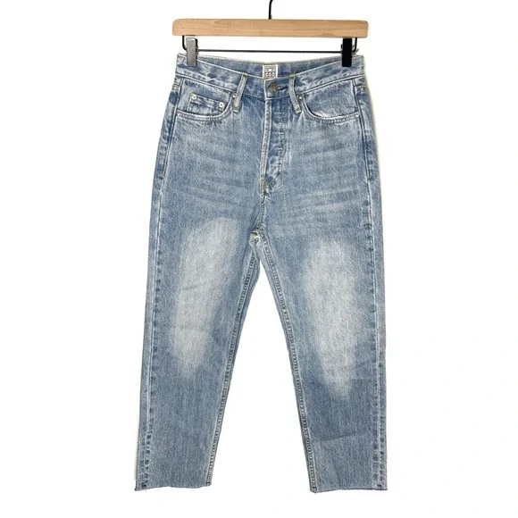 TOTEME Size 26 Barrel Leg Light Wash Button‎ Fly Jeans Raw Hem